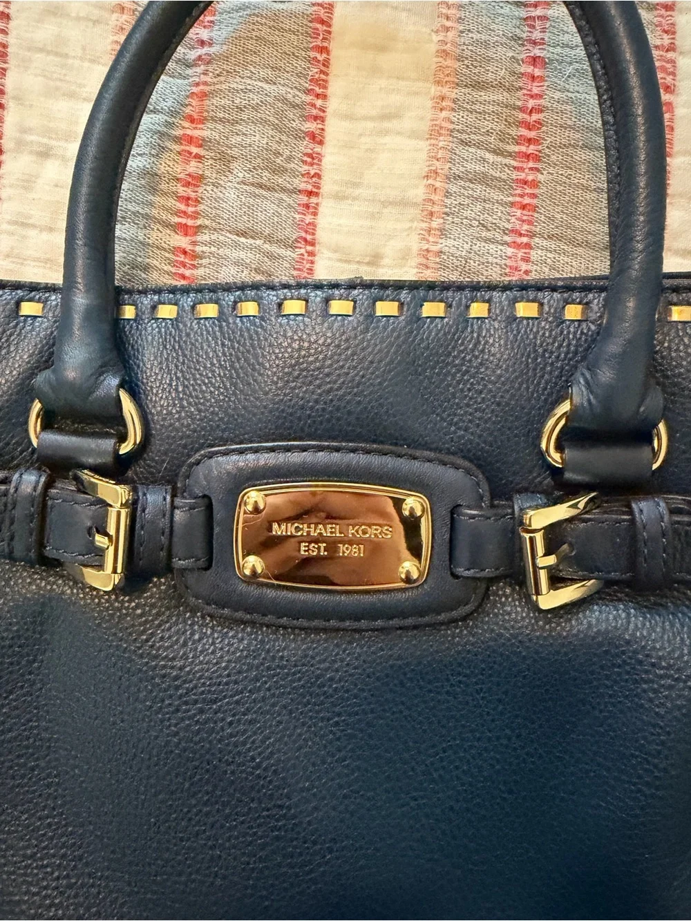 Michael Kors Navy Leather Tote with Gold Chain Trim